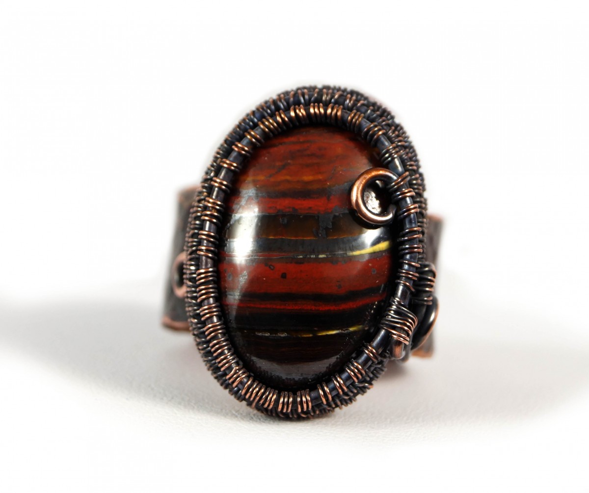 Kwarc, Miedziany pierścionek z tygrysim okiem, ręcznie wykonany, prezent dla niej prezent dla mamy, prezent urodzinowy biżuteria autorska